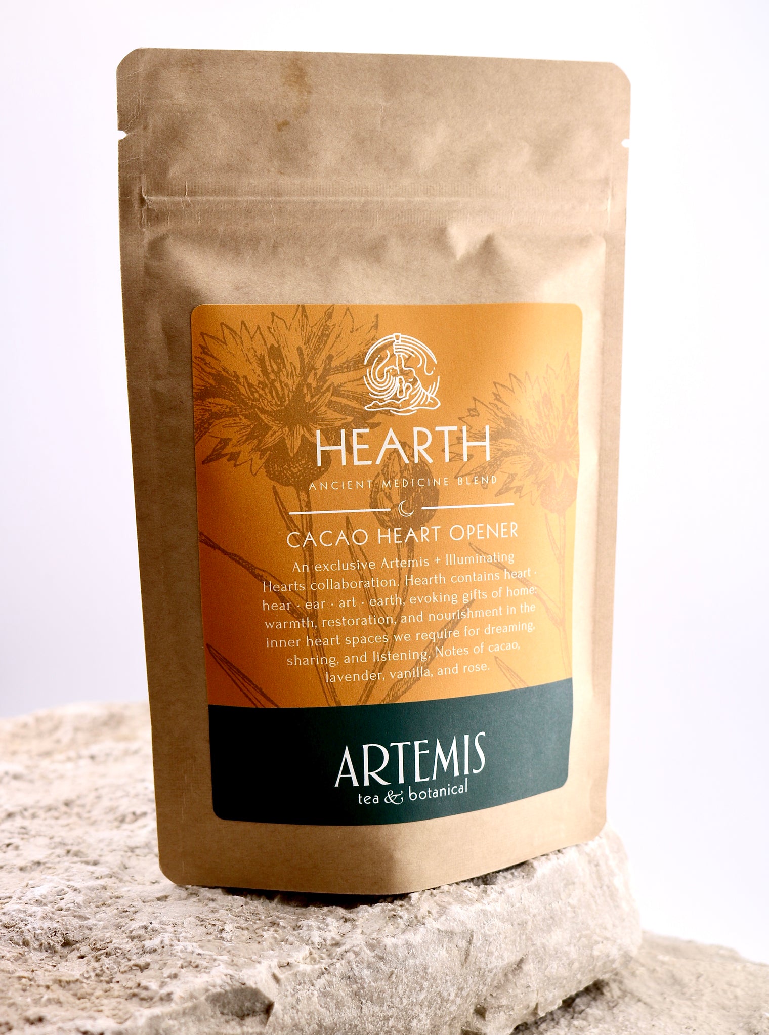 Hearth tea package with Artemis branding on a textured surface