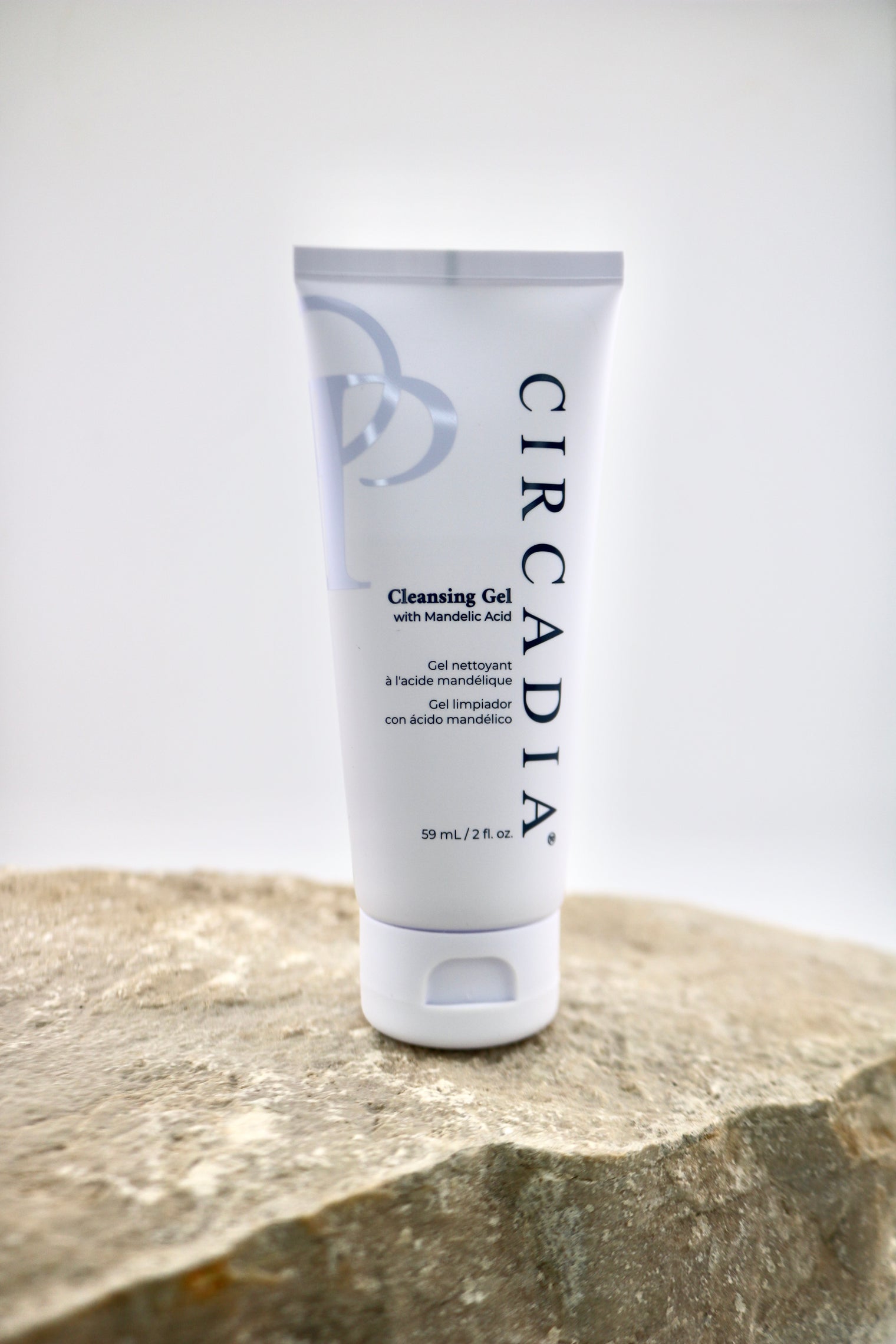 Circadia cleansing gel tube on a stone surface with a white background