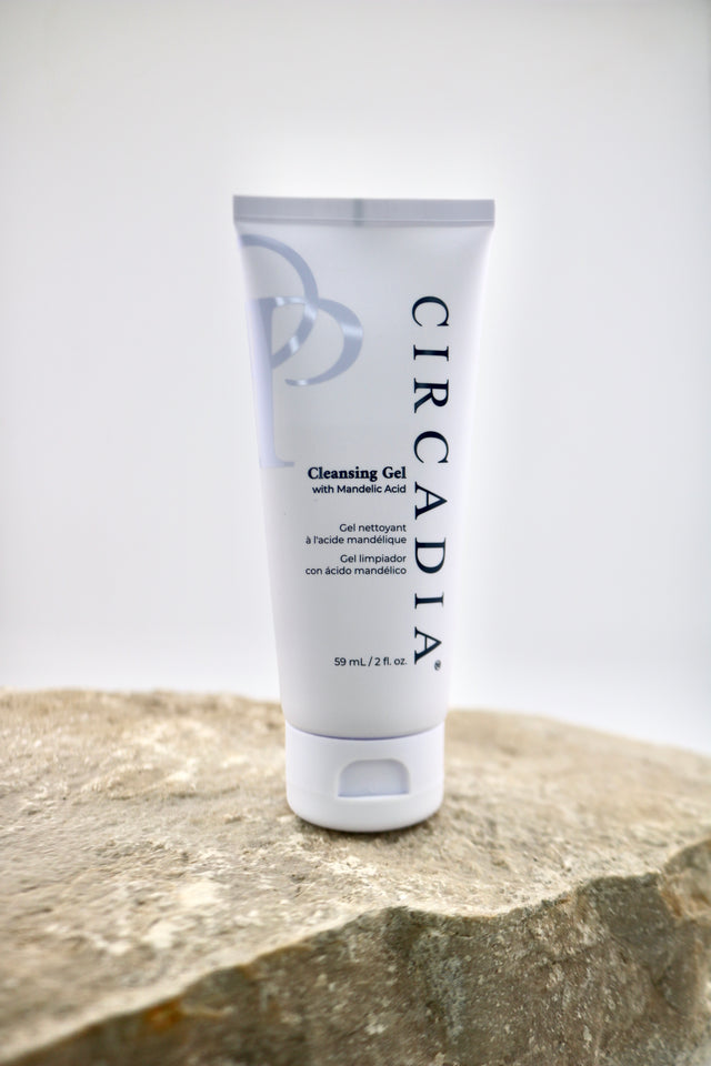 Circadia cleansing gel tube on a stone surface with a white background