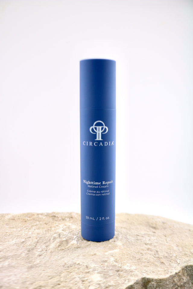 Blue cylindrical container with 'Circadia' branding on a textured surface