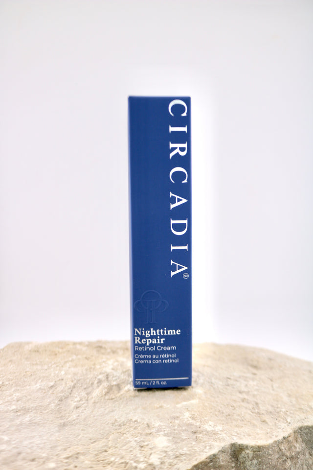Circadia Nighttime Repair skincare product box on a textured surface with a white background