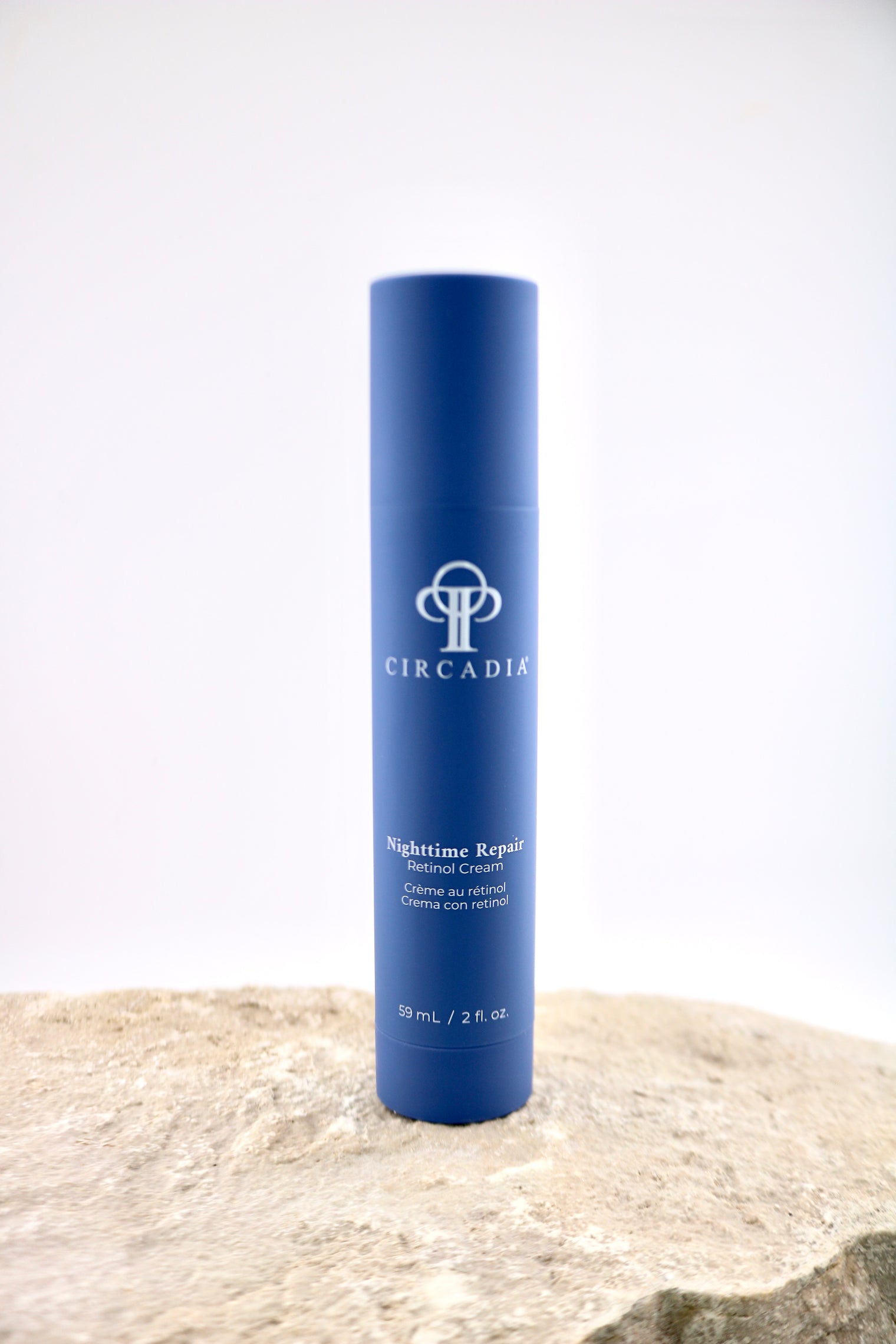 Blue cylindrical container with 'Circadia' branding on a textured surface