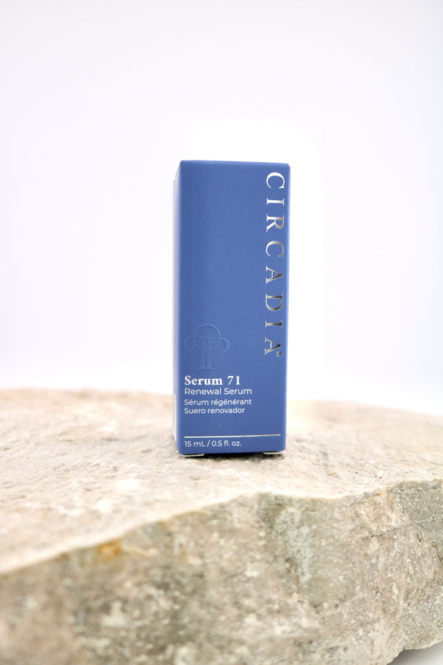 Circadia Serum 71 packaging on a stone surface with a white background
